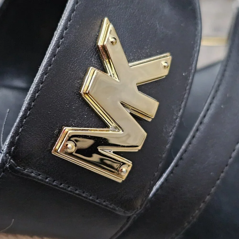 Michael Kors New Women's Jilly Logo Leather Espadrille Wedge Sandals Black 8.5
